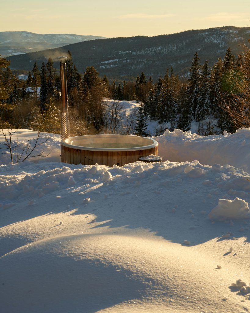 A serene winter setting with a hot tub amidst snowy trees in Krøderen, Norway.